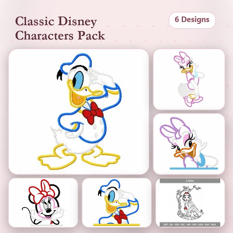 Classic Disney Characters Embroidery Designs Bundle – Donald Duck, Daisy Duck, Minnie Mouse & More (6 Designs)