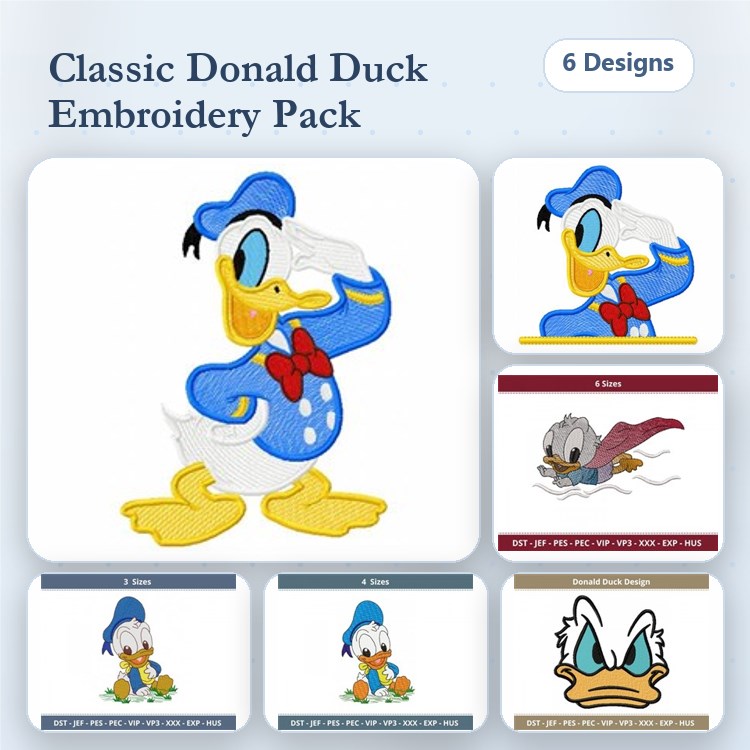 Classic Donald Duck Embroidery Designs Bundle – Saluting, Waving, Flying & More (6 Designs)