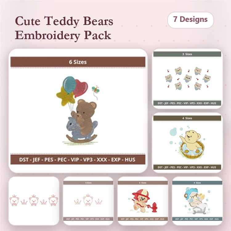 Cute Teddy Bears Embroidery Bundle – Teddy Bear with Balloons, Teddy Bear in a Boat & More (7 Designs)