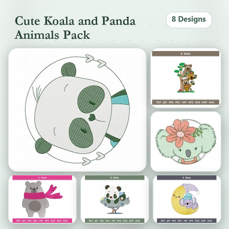 Cute Koala & Panda Animals Embroidery Bundle – Panda Face, Koala with Flower, Panda Holding Heart & More (8 Designs)