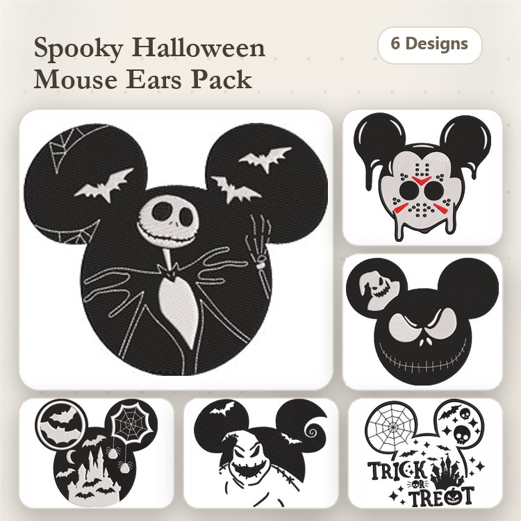 Halloween Mouse Ears Embroidery Bundle – Jack Skellington, Vampire, Witch & More (6 Designs)