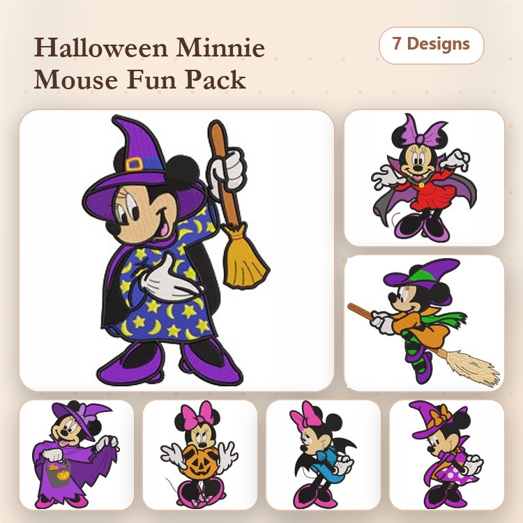 Halloween Minnie Mouse Embroidery Bundle – Minnie with Broomstick, Witch Costume, Pumpkin & More (7 Designs)