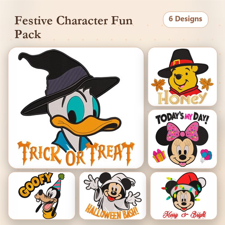 Festive Character Embroidery Designs Bundle – Donald Duck, Winnie the Pooh, Mickey Mouse & More (6 Designs)