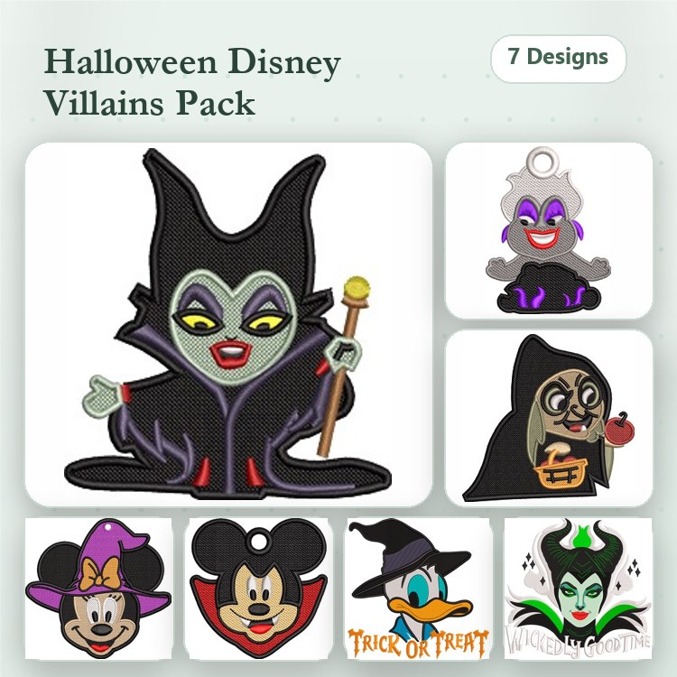 Halloween Disney Villains Embroidery Designs Bundle – Maleficent, Ursula, Evil Queen & More (7 Designs)