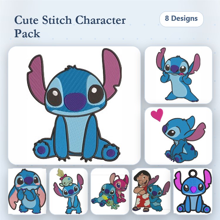 Cute Character Embroidery Designs Bundle – Sitting Blue Character, Blue Character with Heart, Blue Character with Girl & More (8 Designs)