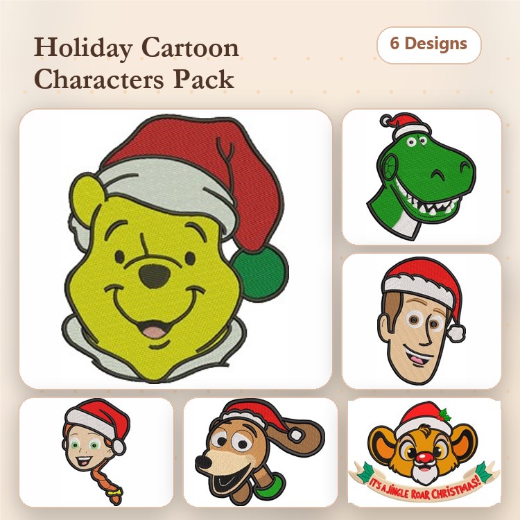 Holiday Cartoon Characters Embroidery Designs Bundle – Winnie the Pooh, Dinosaur, Dog, Boy & More (6 Designs)