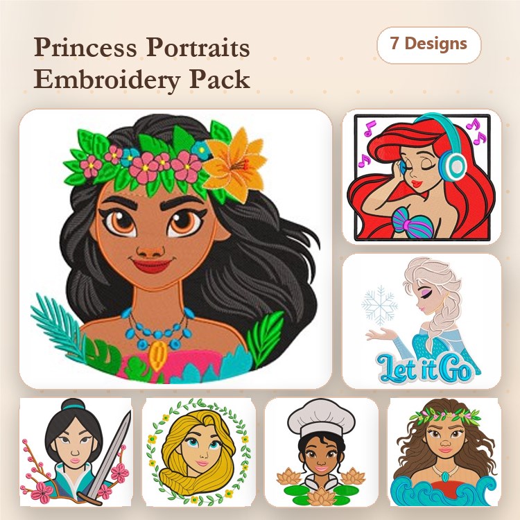 Princess Portraits Embroidery Designs Bundle – Moana, Ariel, Elsa, Mulan & More (7 Designs)