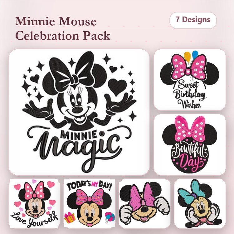 Minnie Mouse Celebration Embroidery Designs Bundle – Minnie Magic, Sweet Birthday Wishes, & More (7 Designs)