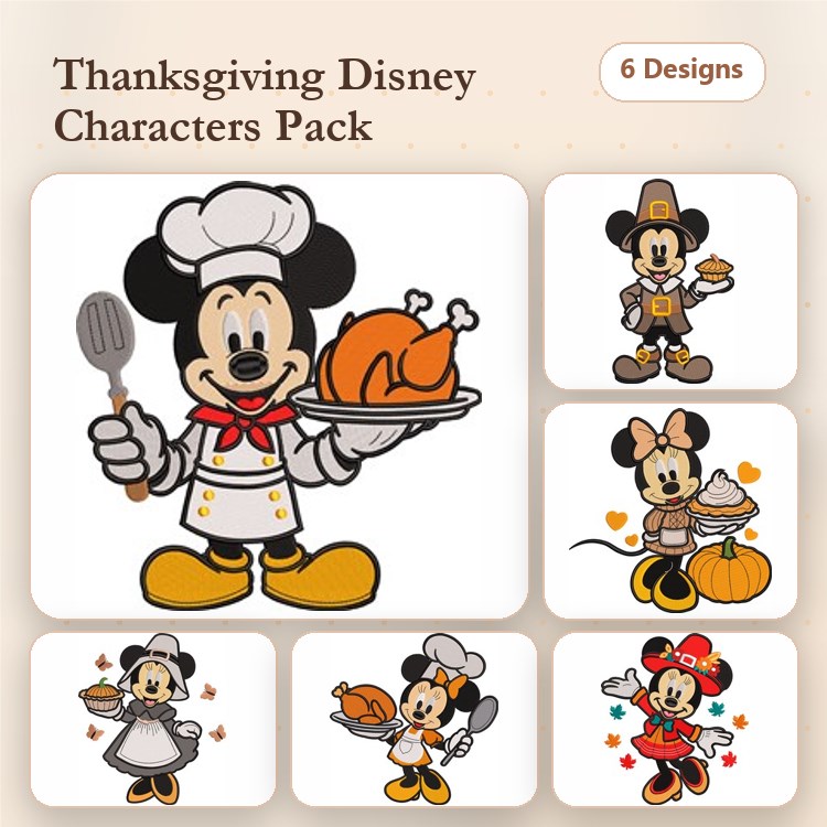 Thanksgiving Disney Characters Embroidery Designs Bundle – Mickey Mouse Chef, Minnie Mouse with Pumpkin & More (6 Designs)