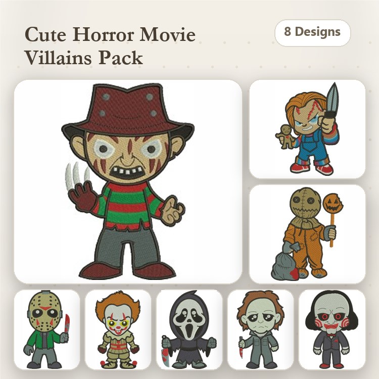 Cute Horror Movie Villains Embroidery Designs Bundle – Freddy Krueger, Jason Voorhees, Chucky, Pennywise & More (8 Designs)