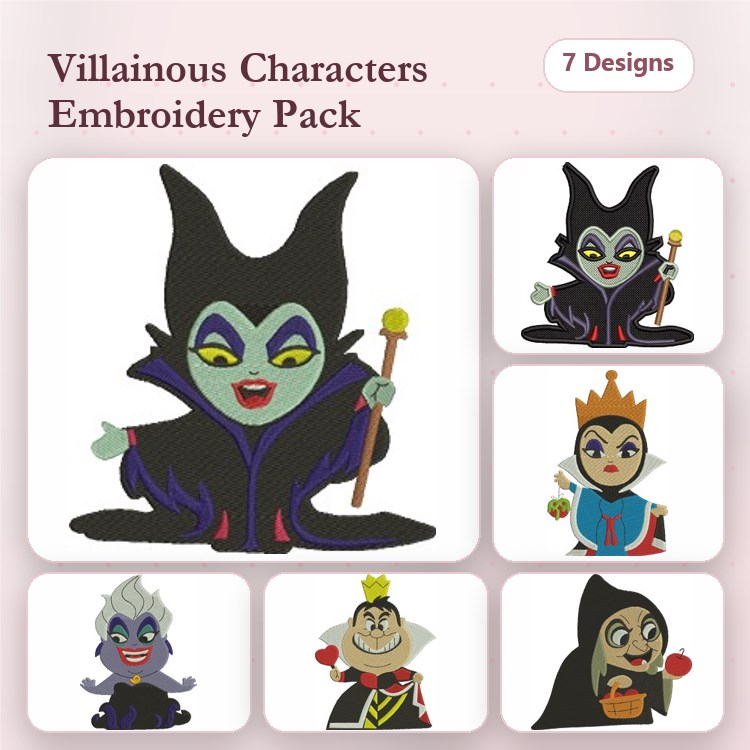 Villainous Characters Embroidery Designs Bundle – Maleficent, Evil Queen, Queen of Hearts & More (7 Designs)