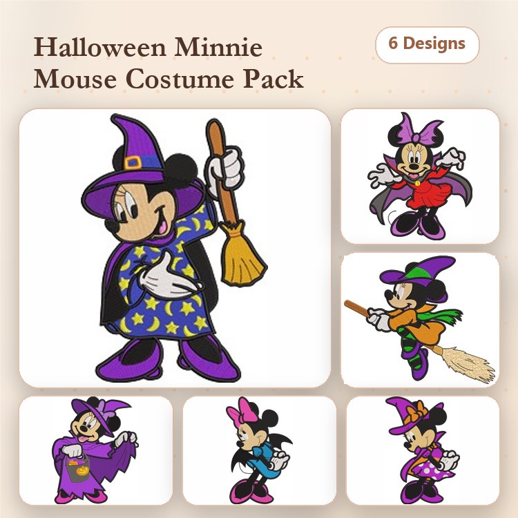 Minnie Mouse Halloween Embroidery Designs Bundle – Witch with Broom, Witch in Purple Costume, & More (6 Designs)
