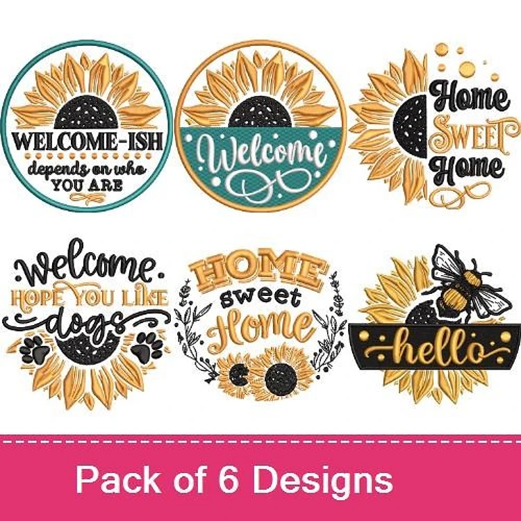 Sunflower Welcome Embroidery Designs Bundle – Welcome-ish with Sunflower, Home Sweet Home, Hello with Sunflower & More (6 Designs)