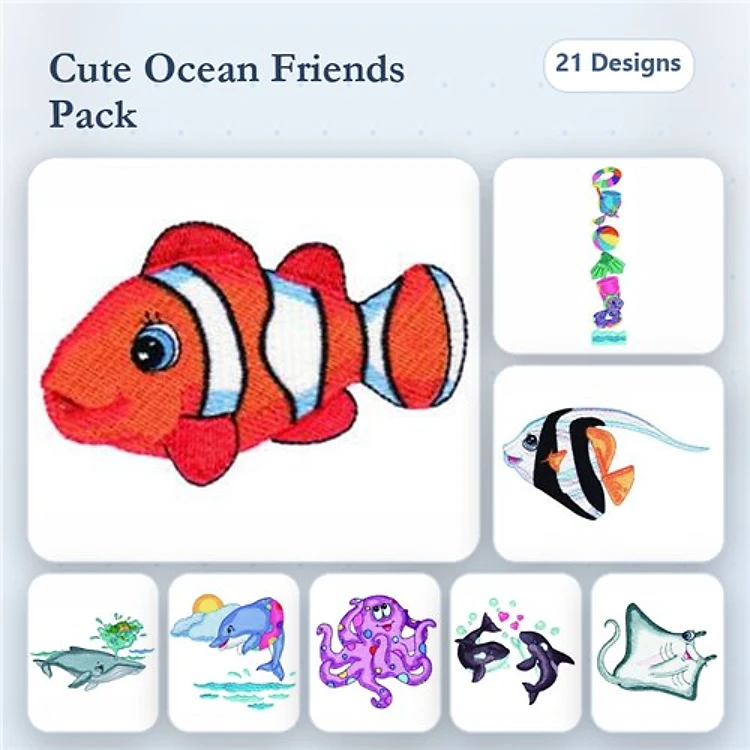 Ocean Animal Embroidery Designs Bundle – Clownfish, Angelfish, Shark, Octopus & More (21 Designs)