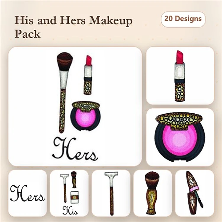 Makeup Tools Embroidery Bundle – Lipstick, Makeup Brush, Blush Compact & More (20 Designs)