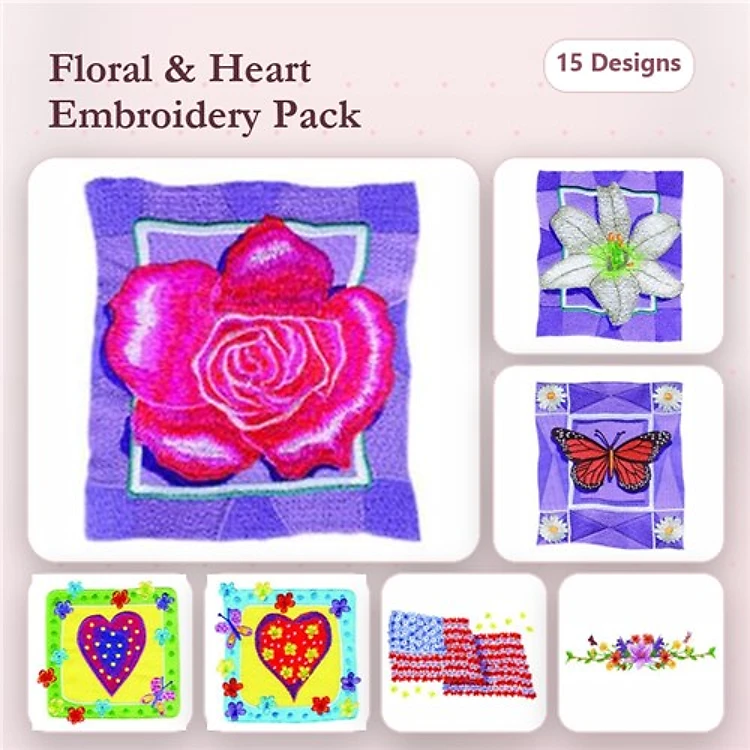 Floral and Heart Embroidery Bundle – Pink Rose, White Lily, Butterfly, & More (17 Designs)
