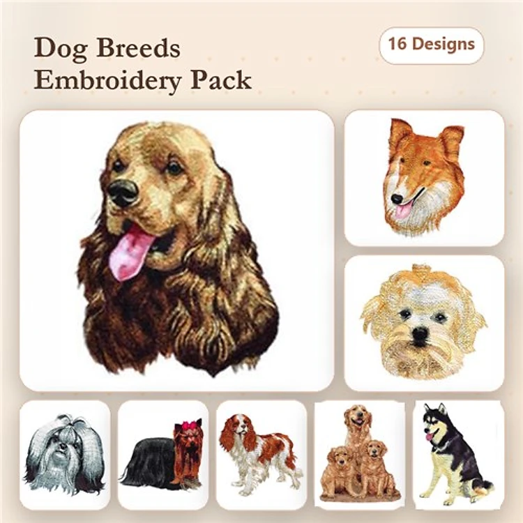 Cocker Spaniel, Collie, Maltese & Shih Tzu Embroidery Bundle – Dog Breeds (16 Designs)