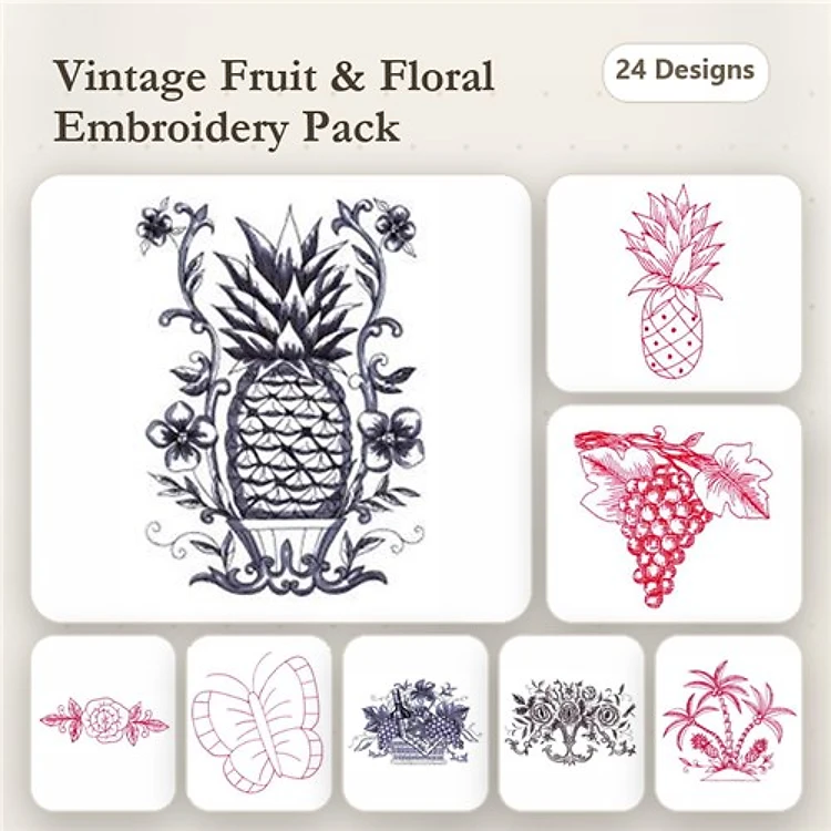 Redwork Vintage Fruit & Floral Embroidery Designs Bundle – Pineapple, Grapes, Butterfly & More (24 Designs)
