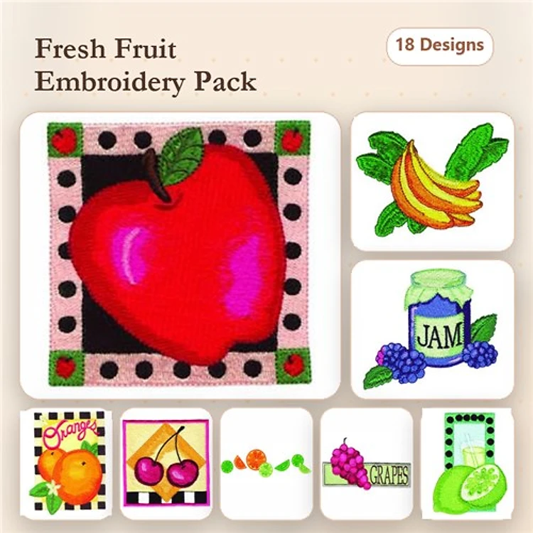 Fresh Fruit Embroidery Bundle – Red Apple, Banana Bunch, Jam Jar with Berries & More (20 Designs)