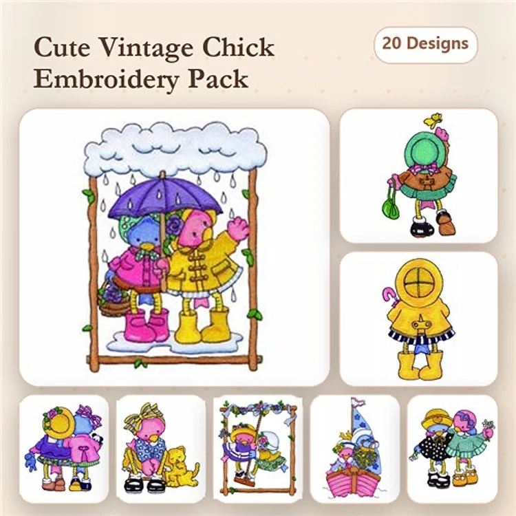 Cute Vintage Chick Embroidery Bundle – Chick with Umbrella, Chick in Raincoat, Chick with Cat & More (20 Designs)