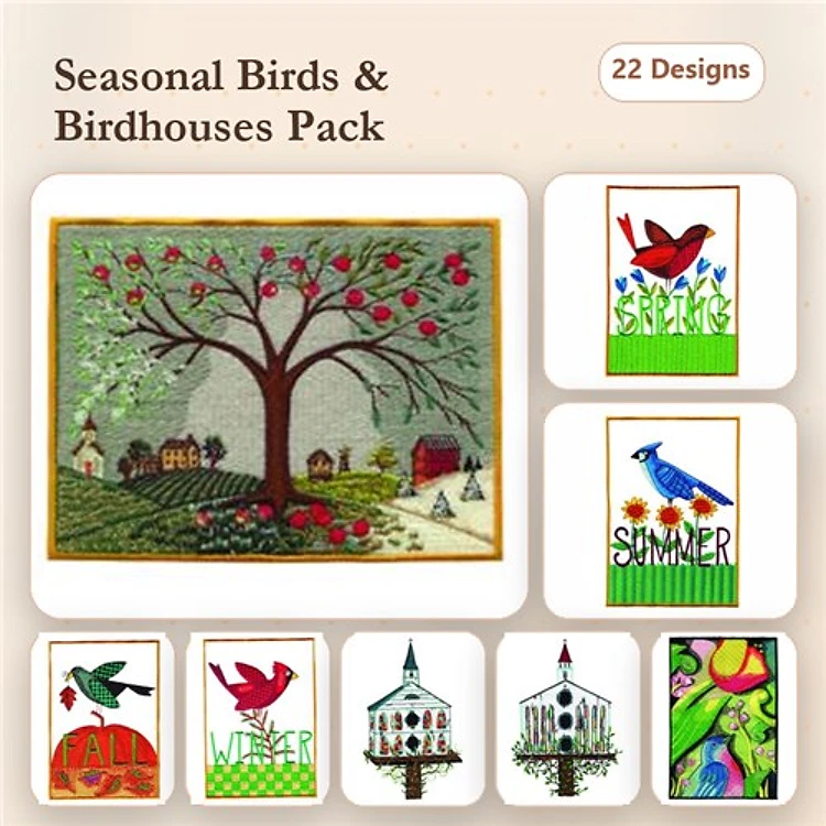 Seasonal Birds & Birdhouses Embroidery Designs Bundle – Spring Birdhouse, Summer Bird, Apple Tree with Birds & More (22 Designs)