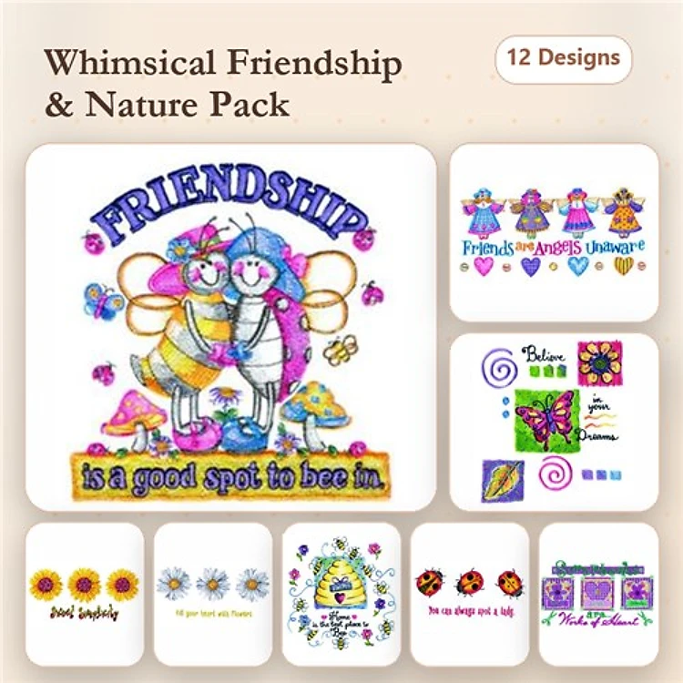 Friendship & Nature Embroidery Bundle – Friendship Bees, Flower with Hearts, Bees and Mushrooms & More (12 Designs)
