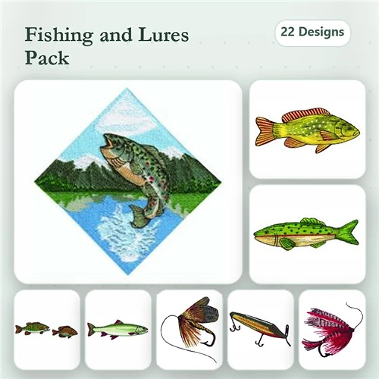 Fishing and Lures Embroidery Bundle – Leaping Trout, Bass Fish, Fishing Hook & More (23 Designs)