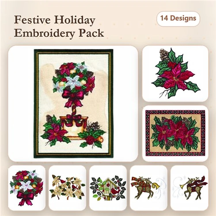 Festive Holiday Embroidery Bundle – Poinsettia Arrangement, Reindeer with Poinsettia, Christmas Tree & More (14 Designs)