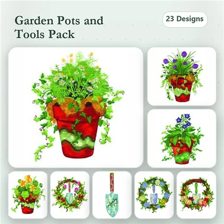 Garden Pots and Tools Embroidery Designs Bundle – Flower Pot with Ivy, Hanging Planter, Garden Tool Spade & More (23 Designs)