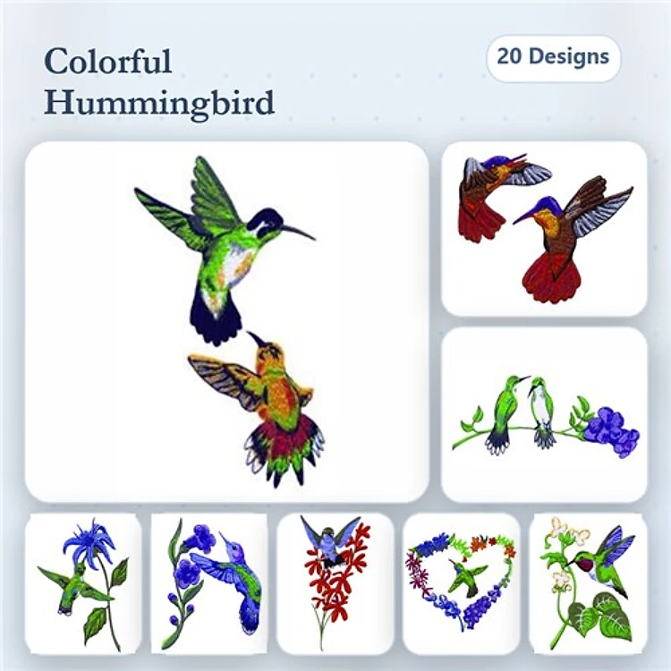Colorful Hummingbirds Embroidery Designs Bundle – Hummingbird in Flight, Hummingbird with Flower, Pair of Hummingbirds & More (20 Designs)