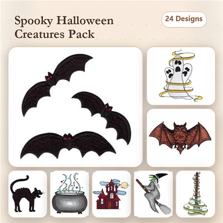 Halloween Creatures Embroidery Designs Bundle – Bat Trio, Black Cat, Witch's Cauldron & More (24 Designs)
