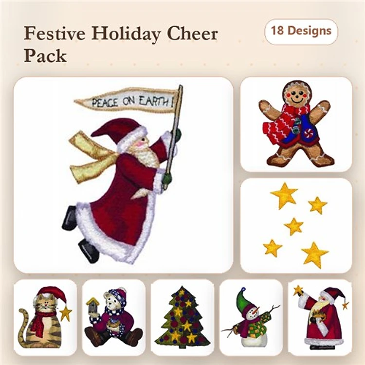 Santa Claus & Holiday Friends Embroidery Designs Bundle – Santa Claus with Banner, Gingerbread Man, Christmas Tree & More (18 Designs)