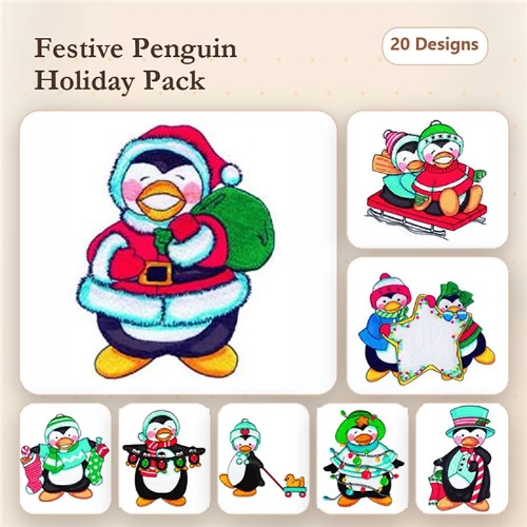 Festive Penguins Embroidery Designs Bundle – Santa Penguin, Penguin with Sleigh & More (20 Designs)