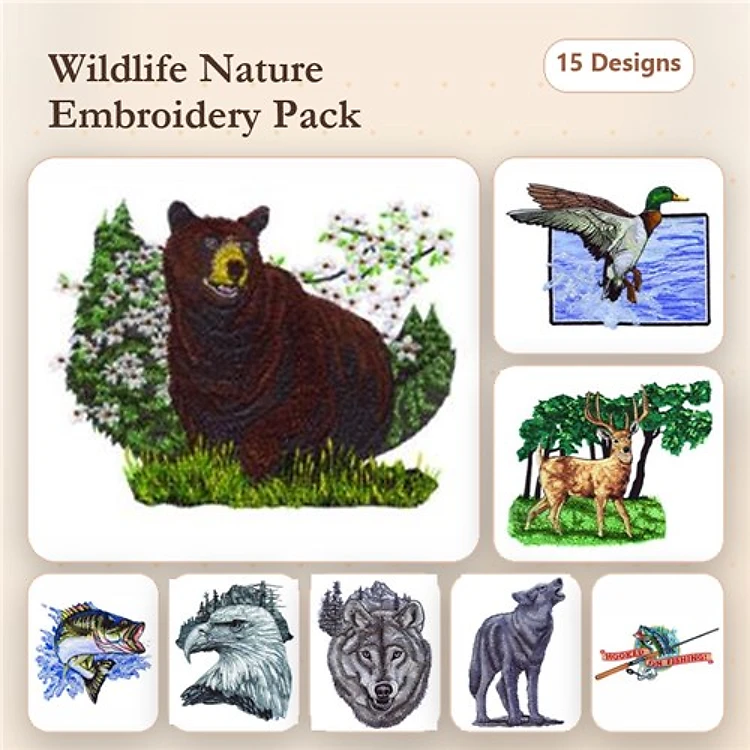 Wildlife Nature Embroidery Designs Bundle – Brown Bear, Mallard Duck, Elk, Wolf & More (15 Designs)