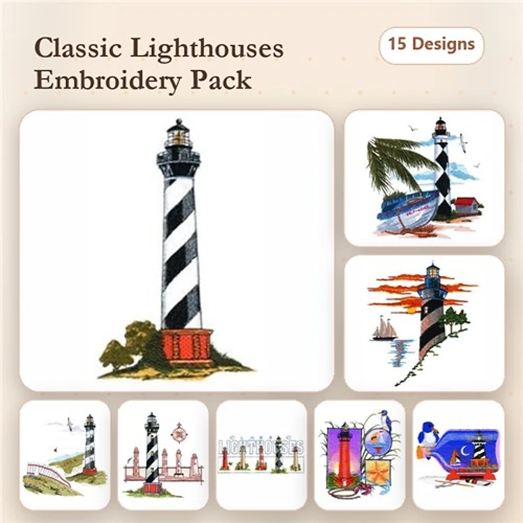Lighthouse Embroidery Designs Bundle – Cape Hatteras, Coastal Lighthouse, Lighthouse with Boat & More (15 Designs)