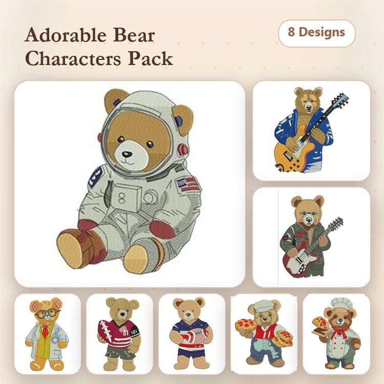 Adorable Bear Characters Embroidery Bundle – Astronaut Bear, Rock Star Bear, Football Bear & More (8 Designs)
