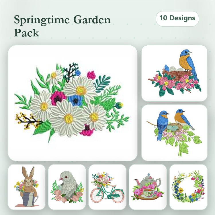 Spring Garden Embroidery Designs Bundle – Flower Bouquet, Bluebird Pair, Rabbit & More (10 Designs)