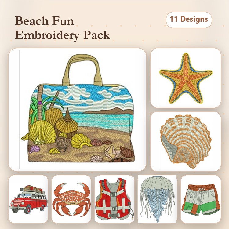Beach Themed Embroidery Designs Bundle – Beach Bag, Starfish, Shell & More (11 Designs)