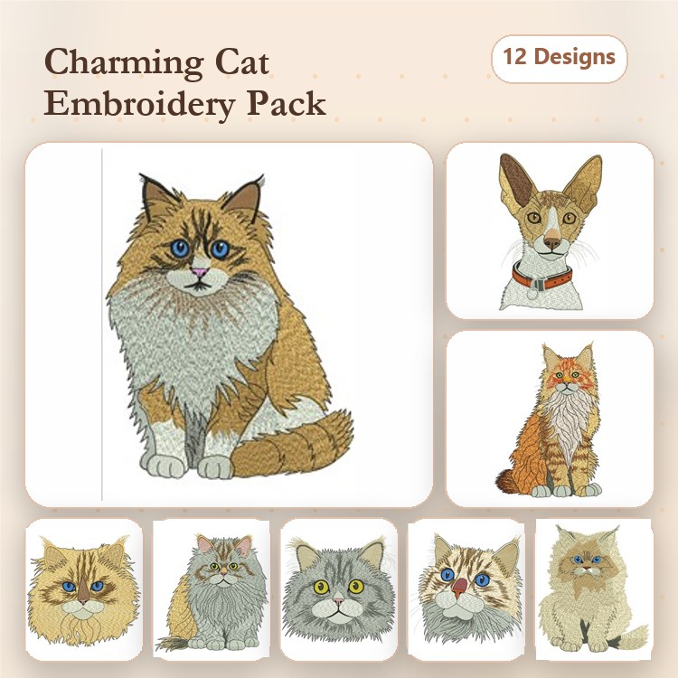 Charming Cat Embroidery Designs Bundle – Fluffy Ragdoll, Orange Tabby, Siamese & More (12 Designs)