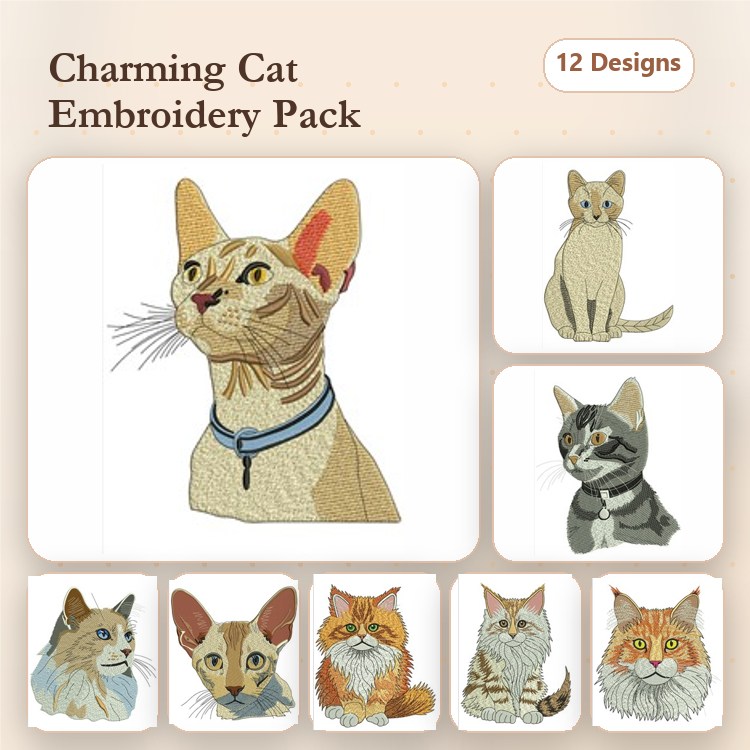 Cats Embroidery Bundle – Siamese Cat, Tabby Cat with Collar, Grey Cat & More (12 Designs)
