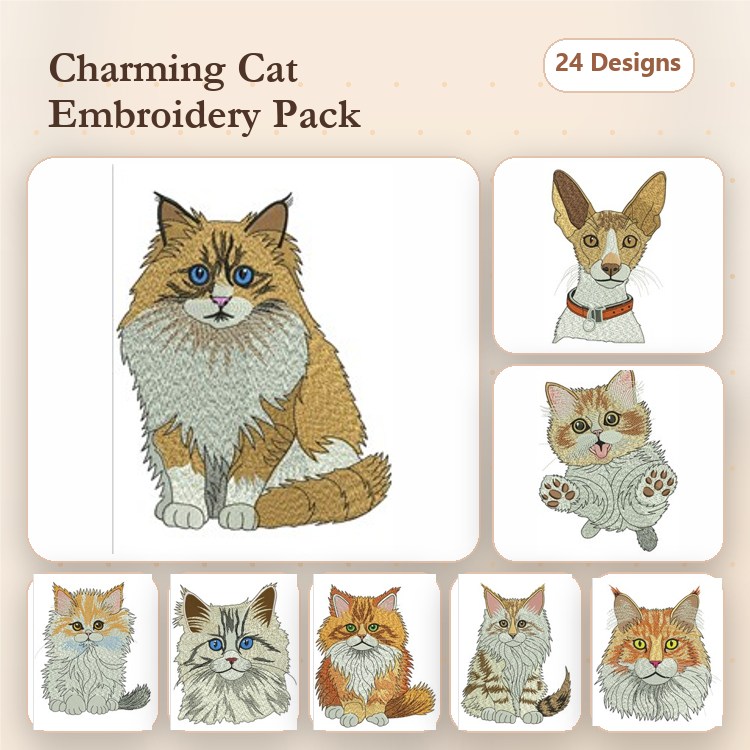 Charming Cat Embroidery Designs Bundle – Persian, Siamese, Maine Coon & More (24 Designs)
