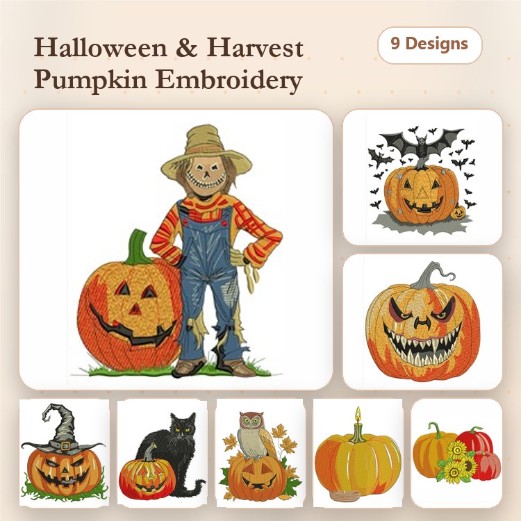 Halloween and Harvest Pumpkins Embroidery Designs Bundle – Scarecrow, Jack-o'-Lantern, Black Cat & More (9 Designs)