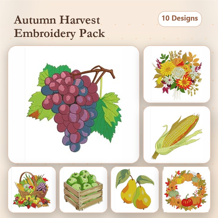 Autumn Harvest Embroidery Designs Bundle – Grapes, Flower Bouquet, Corn & More (10 Designs)