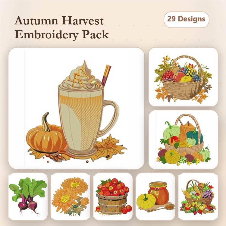Autumn Harvest Embroidery Designs Bundle – Pumpkin Spice Latte, Sunflower, Harvest Basket & More (29 Designs)