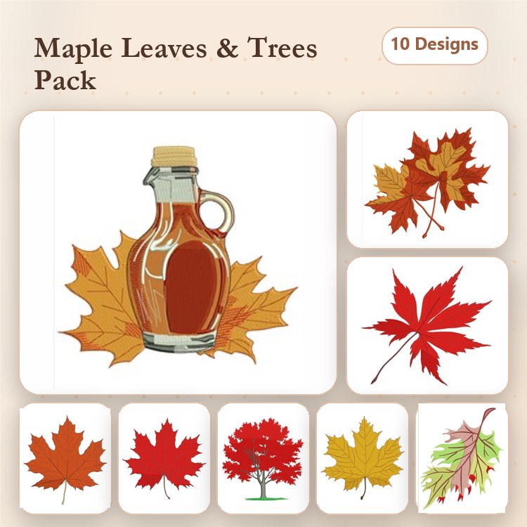 Maple Leaves & Trees Embroidery Designs Bundle – Maple Syrup Bottle, Red Maple Leaf, Fall Maple Tree & More (10 Designs)