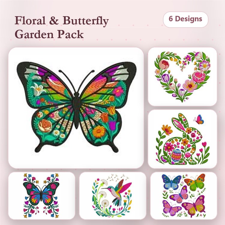 Floral & Butterfly Embroidery Bundle – Vibrant Garden Designs (6 Designs)