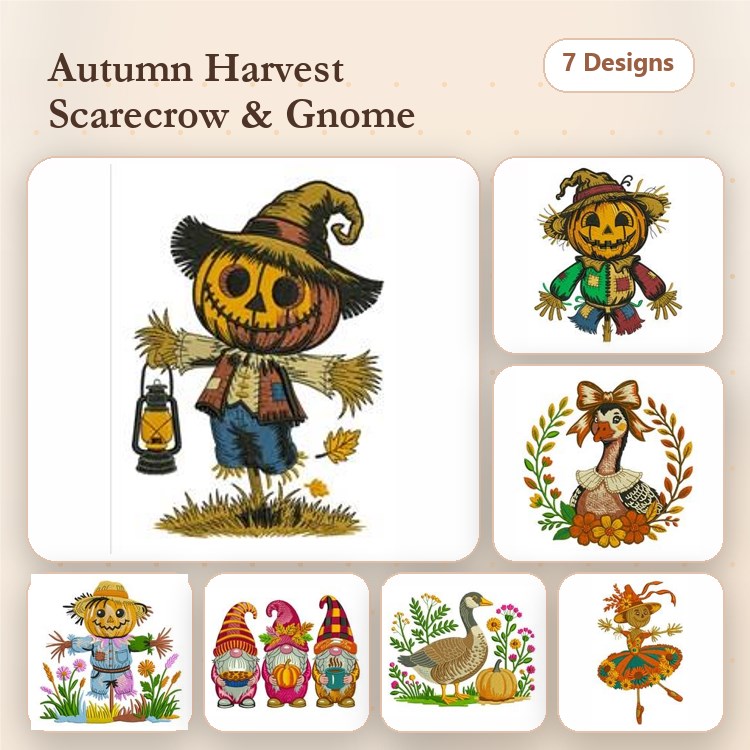 Scarecrow & Gnome Embroidery Bundle – Autumn Harvest (7 Designs)