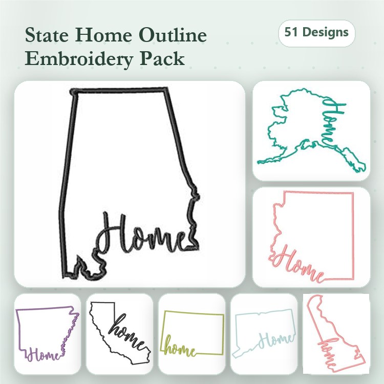 State Outline Embroidery Bundle – Alabama, Alaska, Arizona, Arkansas & More (51 Designs)