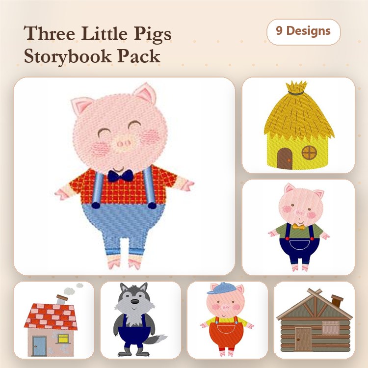 Three Little Pigs Embroidery Designs Bundle – Pig with Overalls, Wolf, Straw House & More (9 Designs)