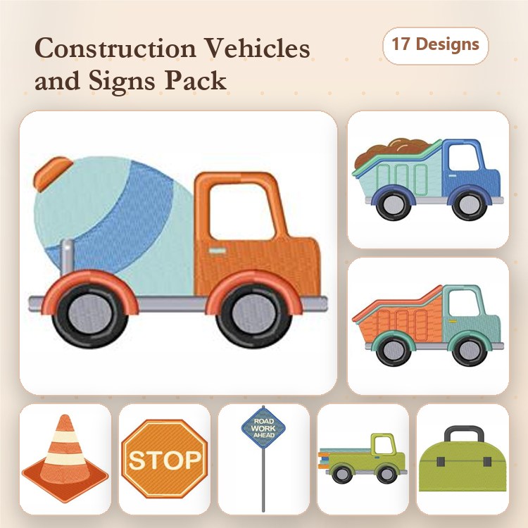 Construction Vehicles & Signs Embroidery Designs Bundle – Cement Mixer Truck, Dump Truck, Traffic Cone & More (17 Designs)